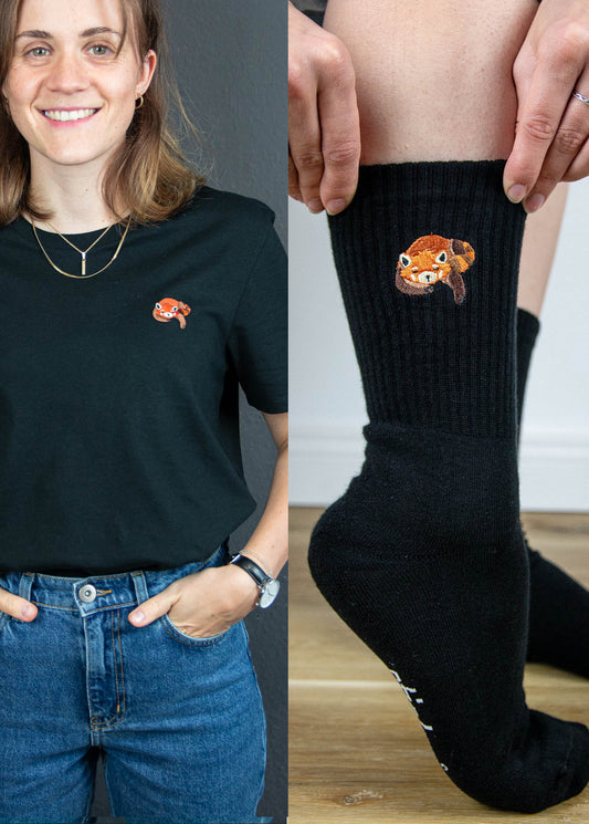 Roter Panda Socken & T-Shirt - [Schwarz] - Unisex Bundle