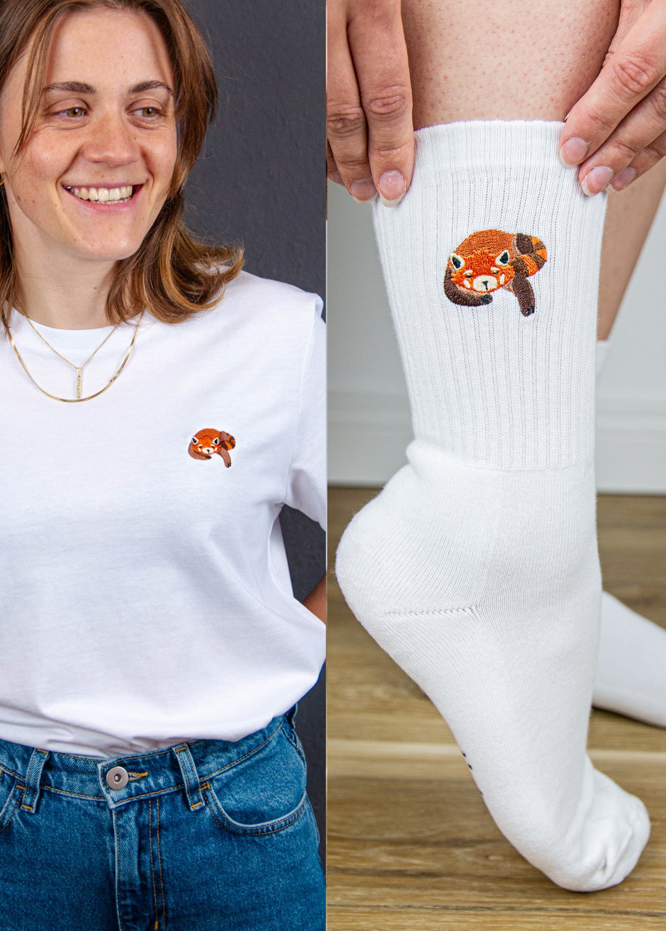 Roter Panda Socken & T-Shirt - [Weiß] - Unisex Bundle